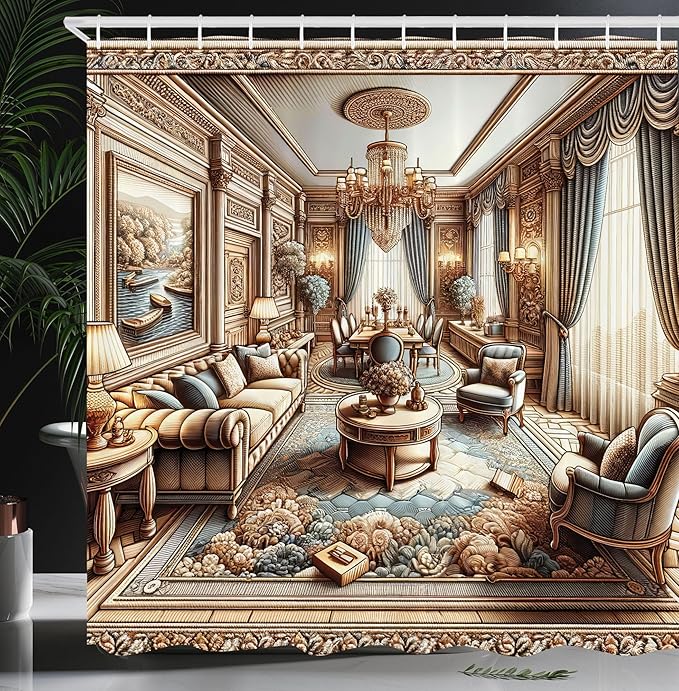 Ambesonne Classic Shower Curtain, Opulent Illustration of a Luscious Room Palatial Ornamental Rich Home Scenery, Cloth Fabric Bathroom Decor Set with Hooks, 69" W x 75" L, Ginger and Blue