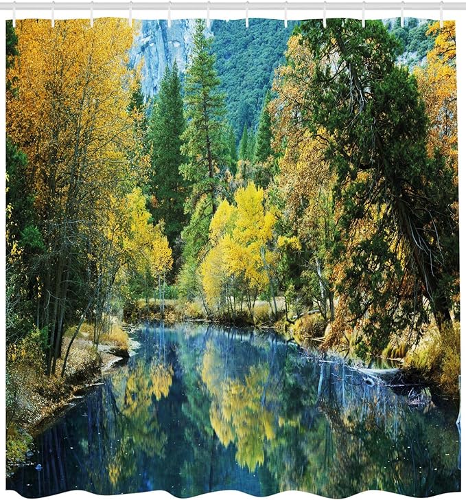 Ambesonne Nature Shower Curtain, Autumn Landscape Scenery Forest by River Seasonal Rural Countryside Picture, Cloth Fabric Bathroom Decor Set with Hooks, 69" W x 75" L, Green Blue Yellow