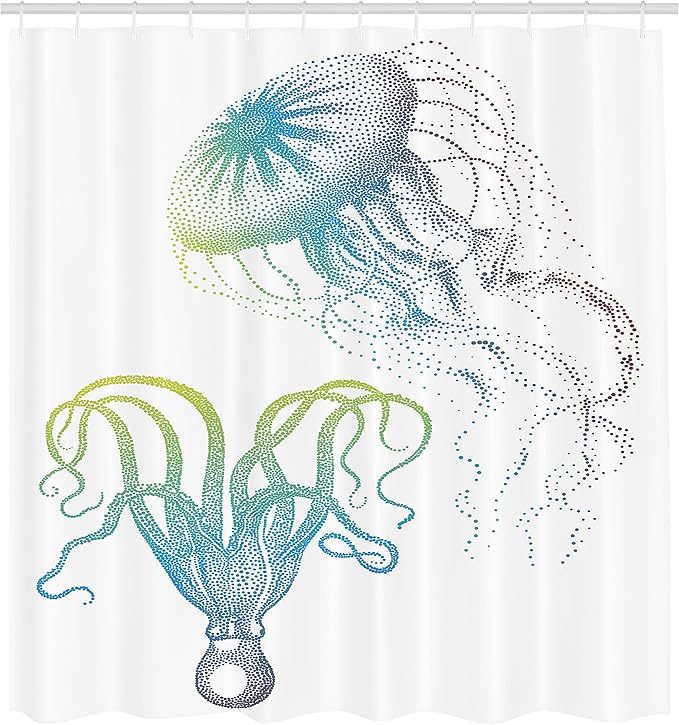 Ambesonne Octopus Shower Curtain, Octopus and Jellyfish Illustration Nautical Themed Art Underwater Wildlife Marine, Cloth Fabric Bathroom Decor Set with Hooks, 69" W x 70" L, Blue Eggshell