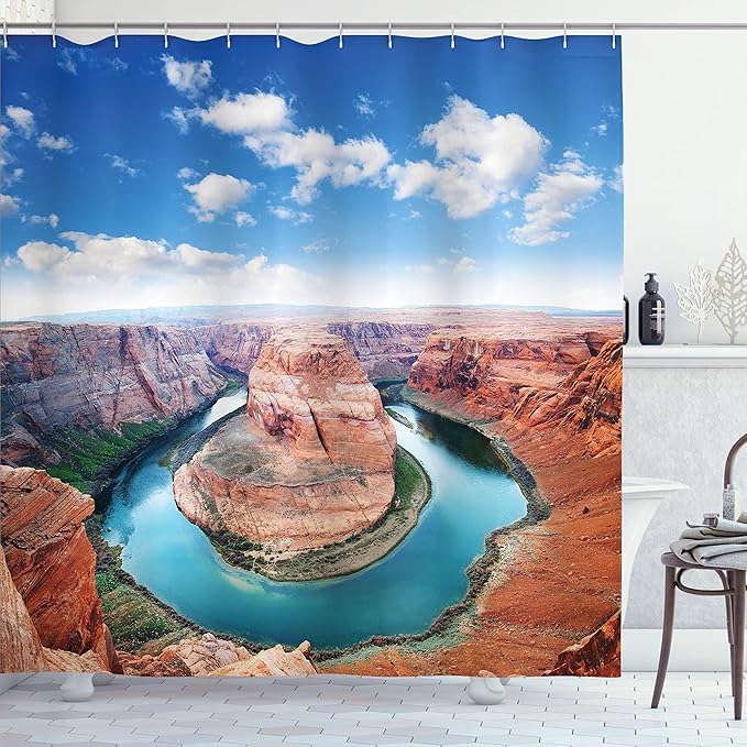 Ambesonne USA Shower Curtain, Horse Shoe Bend North Rim Grand Canyon Page Arizona Famous Tourist Attractions, Cloth Fabric Bathroom Decor Set with Hooks, 69" W x 75" L, Cinnamon White