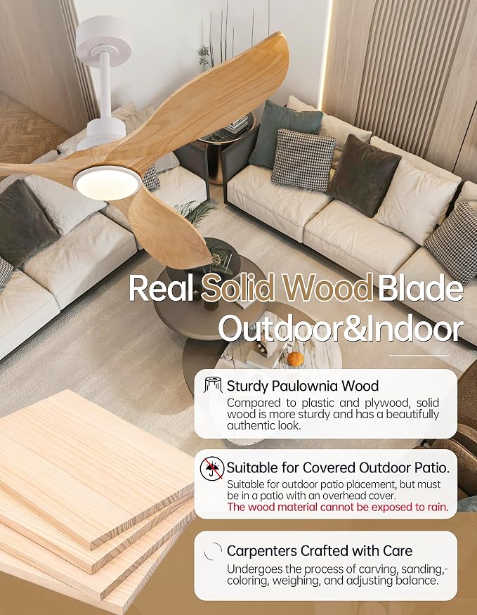 60 Inch Outdoor Solid Wood Ceiling Fans with Lights and Remote,3 Blade Natural Wood Ceiling Fan with Wall Control,Dimmable,3 Downrods, Quiet DC Motor for Bedroom,Patios,Living Room