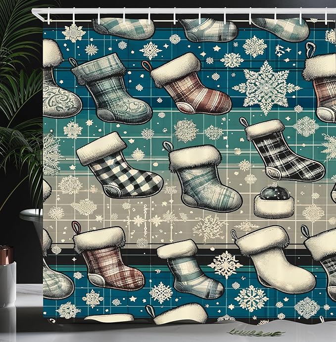 Ambesonne Christmas Shower Curtain, Cold Greenish Detail Xmas Stocking with Tartan Lines and Snowflakes, Cloth Fabric Bathroom Decor Set with Hooks, 69" W x 84" L, Blue Dark Grey Off White