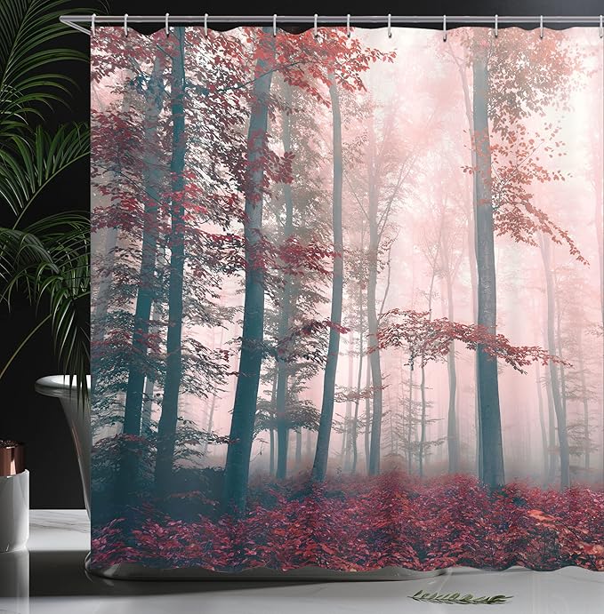 Ambesonne Forest Shower Curtain, Autumn Season Mystic Foggy Fall Nature and Enchanted Woods Wild Trees Print, Cloth Fabric Bathroom Decor Set with Hooks, 69" W x 70" L, Brown Grey and Red