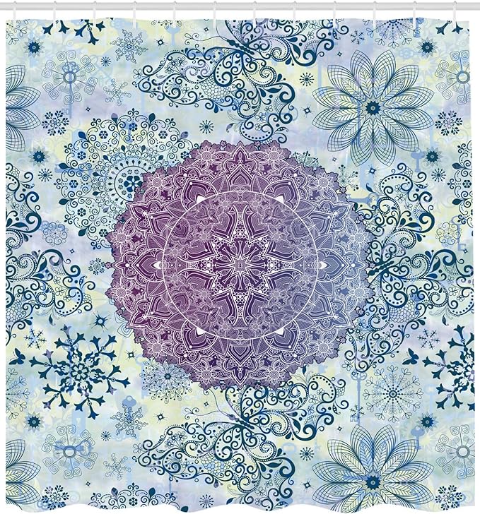 Ambesonne Mandala Shower Curtain, Floral Mandala Oriental Far Eastern Style Layout Print in Ombre Colors, Cloth Fabric Bathroom Decor Set with Hooks, 69" W x 70" L, Purple Blue