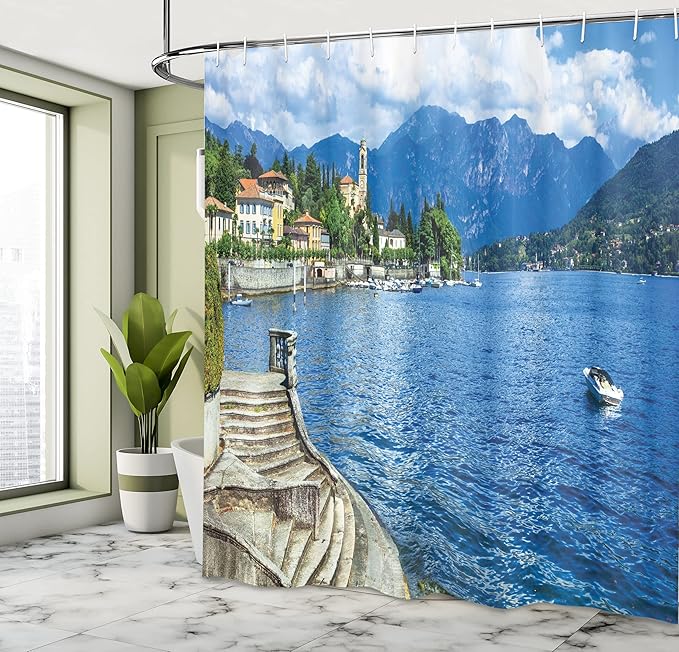 Ambesonne Nature Shower Curtain, Pastoral Lake Como by Rocky Cliffs Boat in River Holiday Sea Shore Peace Design Print, Cloth Fabric Bathroom Decor Set with Hooks, 69" W x 70" L, Blue
