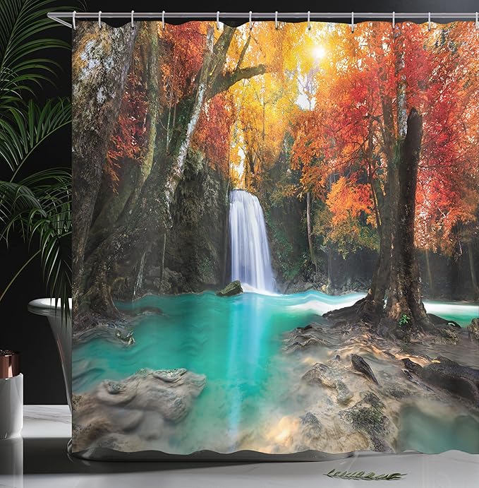 Ambesonne Waterfall Shower Curtain, Deep Forest and Waterfall Runoff Autumn Fall Seasonal Forest Print, Cloth Fabric Bathroom Decor Set with Hooks, 69" W x 70" L, Turquoise Orange