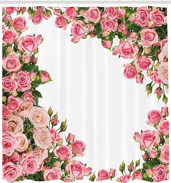 Ambesonne Rose Shower Curtain, Flower Bushes Frame Bridal Themed Elements Park Summer Occasions Illustration, Cloth Fabric Bathroom Decor Set with Hooks, 69" W x 70" L, Pink Green White