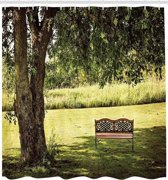 Ambesonne Tree Shower Curtain, Wooden Bench Under Shady Big Tree in The National Park Fresh Tranquil Scenery, Cloth Fabric Bathroom Decor Set with Hooks, 69" W x 70" L, Green Brown