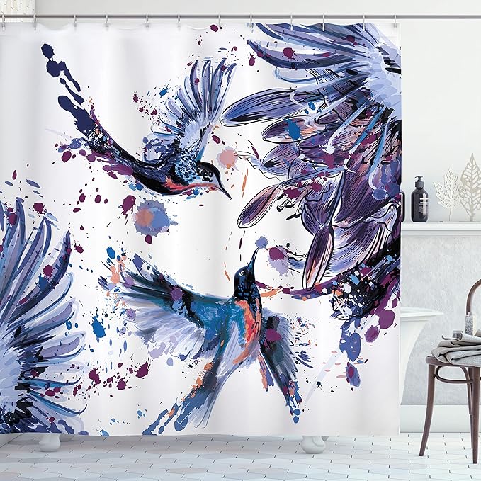 Ambesonne Hummingbird Shower Curtain, Art Lily Flowers Birds and Color Splashes in Watercolor Painting Style, Cloth Fabric Bathroom Decor Set with Hooks, 69" W x 70" L, Lavender Blue