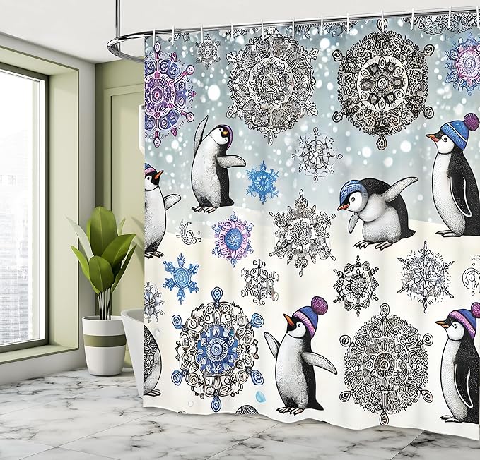 Ambesonne Christmas Shower Curtain, Dancing Penguins and Falling Snowflakes Sketch with Oriental Winter Design, Cloth Fabric Bathroom Decor Set with Hooks, 69" W x 75" L, Ivory Violet Blue