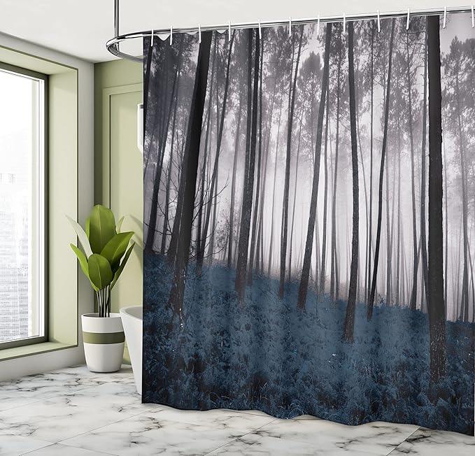 Ambesonne Forest Shower Curtain, Mystical Fantasy Woodland Under Heavy Fog Tall Trees Bushes Contrast Colors, Cloth Fabric Bathroom Decor Set with Hooks, 69" W x 75" L, Petrol Black
