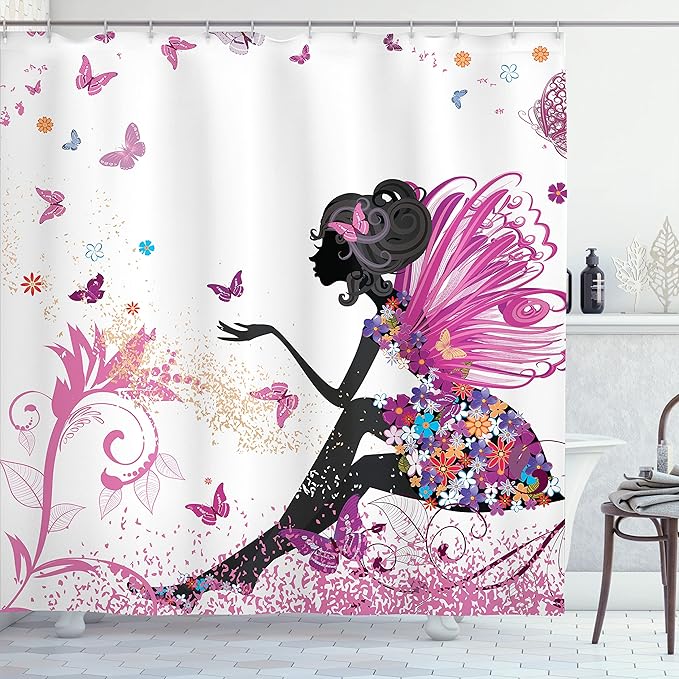 Ambesonne Fantasy Shower Curtain, Spring Girl Wings in a Floral Dress Surreal Garden Butterflies Print, Cloth Fabric Bathroom Decor Set with Hooks, 69" W x 70" L, Pastel Pink