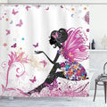 Ambesonne Fantasy Shower Curtain, Spring Girl Wings in a Floral Dress Surreal Garden Butterflies Print, Cloth Fabric Bathroom Decor Set with Hooks, 69" W x 70" L, Pastel Pink