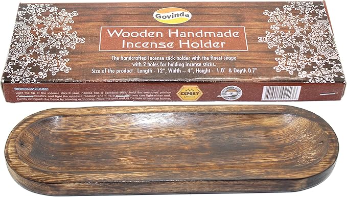 Govinda - Incense Burner Stick Holder Ash Catcher Wooden Handmade Modern Gift Wood Home Decor Size 12 X 4 Inches, (Plain)