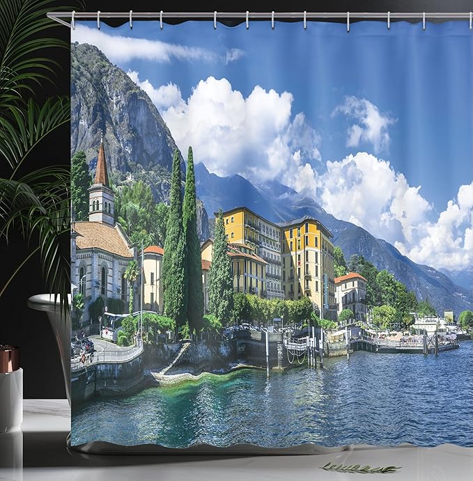 Ambesonne Italy Shower Curtain, Panoramic Landscape of Lake Como Mountains and Clouds Digital Image Print, Cloth Fabric Bathroom Decor Set with Hooks, 69" W x 75" L, Blue and Green