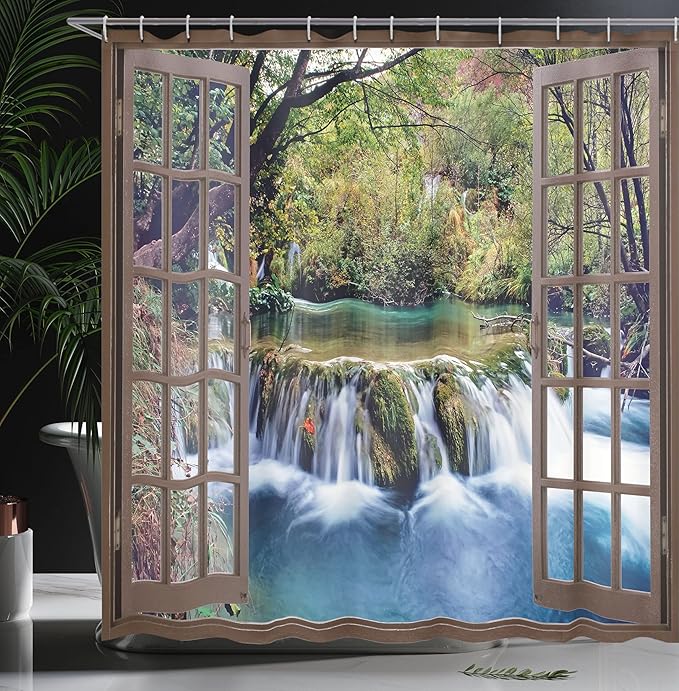 Ambesonne Waterfall Shower Curtain, Wide Waterfall Deep Down in The Forest Seen from a City Window Epic Surreal Print, Cloth Fabric Bathroom Decor Set with Hooks, 69" W x 84" L, Forest Green