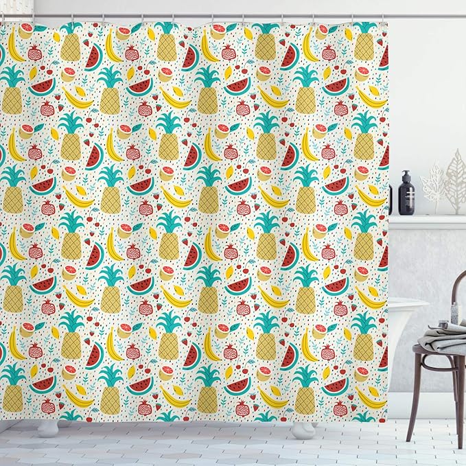 Ambesonne Food Shower Curtain, Fruits Banana Pomegranate Pineapple Watermelon Lemon Kitchen Cafe Abstract Graphic, Cloth Fabric Bathroom Decor Set with Hooks, 69" W x 75" L, Turqupise Mustard