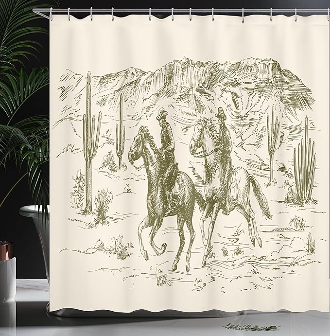 Ambesonne Western Shower Curtain, Country Theme Hand Drawn Illustration of American Wild West Desert with Cowboys, Cloth Fabric Bathroom Decor Set with Hooks, 69" W x 70" L, Cream Khaki
