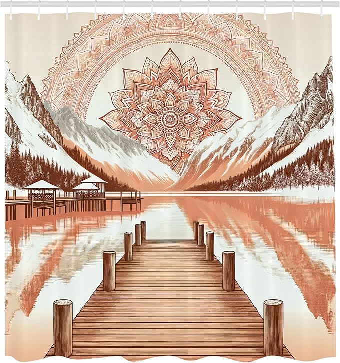 Ambesonne Lake Shower Curtain, Mountains Wooden Pier and Eastern Cultural Mandala in Peachy Colors, Cloth Fabric Bathroom Decor Set with Hooks, 69" W x 70" L, Salmon Redwood and Dark Rust