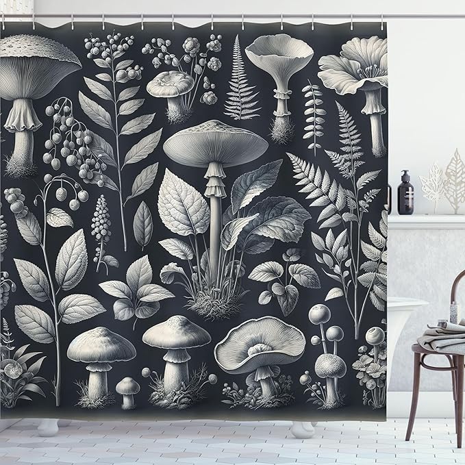 Ambesonne Botanical Shower Curtain, Art Medieval Witchcore Concept Modern Illustrated Mushroom Flowery and Leaves, Cloth Fabric Bathroom Decor Set with Hooks, 69" W x 75" L, Dark Blue Grey