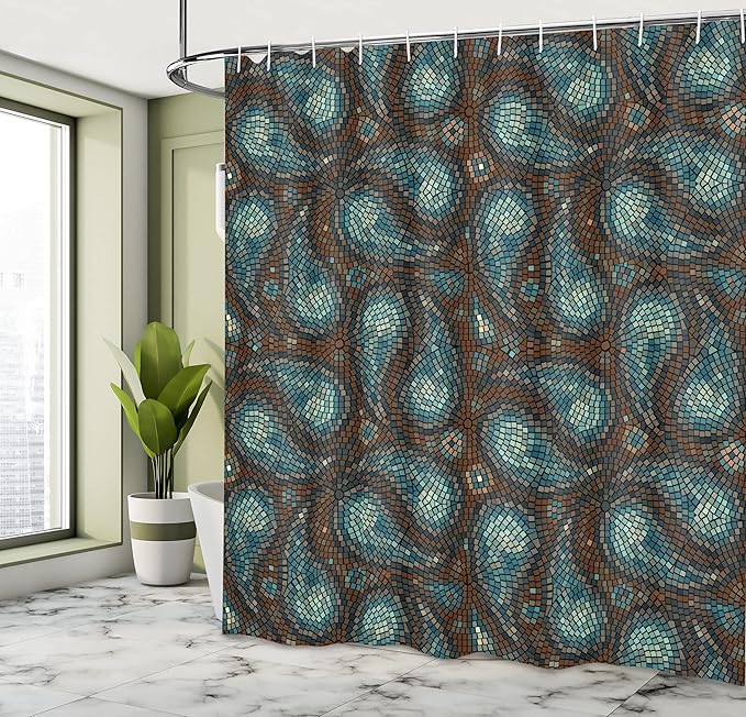 Ambesonne Paisley Shower Curtain, Modern Mosaic Like Circled Design with Teardrop Shaped Art Print, Cloth Fabric Bathroom Decor Set with Hooks, 69" W x 70" L, Brown Blue and Dark Blue