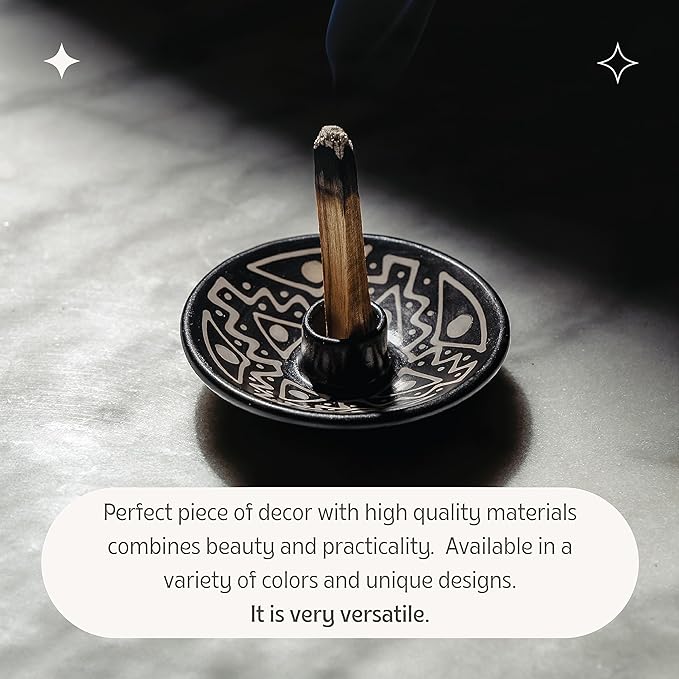 Palo Santo Holder with 5 Sticks - Luna Sundara Handmade Ceramic Incense Burner - Black & White Chulucanas Pottery from Peru - Smudge Bowl for Sage - Aromatherapy Gift Set