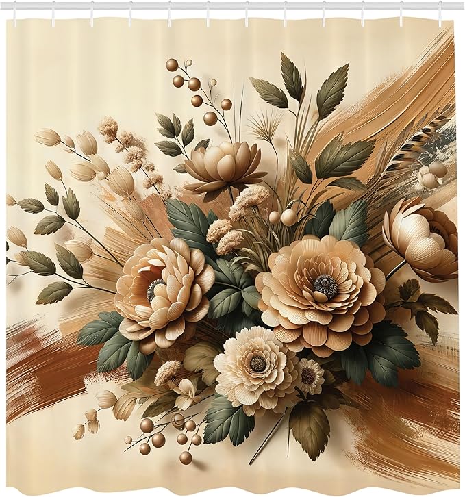 Ambesonne Tan Shower Curtain, Modern Farmhouse Feel Blooming Peony Flowery with Leaves Nostalgia Tones, Cloth Fabric Bathroom Decor Set with Hooks, 69" W x 84" L, Reseda Green Pale Caramel