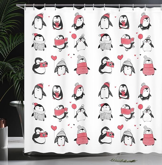 Ambesonne Winter Shower Curtain, Penguins Hand Drawn Merry Christmas Greetings, Cloth Fabric Bathroom Decor Set with Hooks, 69" W x 70" L, White Pink