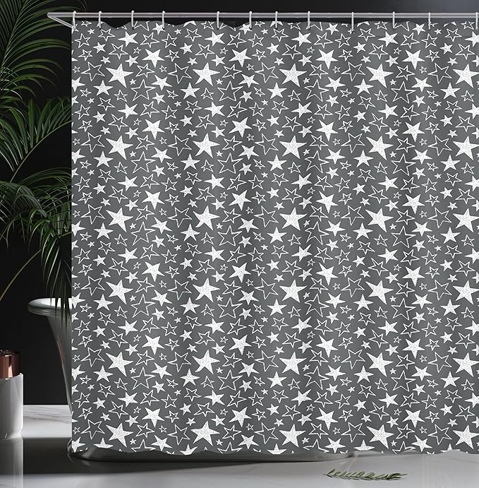 Ambesonne Star Print Shower Curtain, Greyscale Illustration Chalk Design Hand Drawn 5 Pointed Geometric Shapes, Cloth Fabric Bathroom Decor Set with Hooks, 69" W x 75" L, Charcoal Grey White