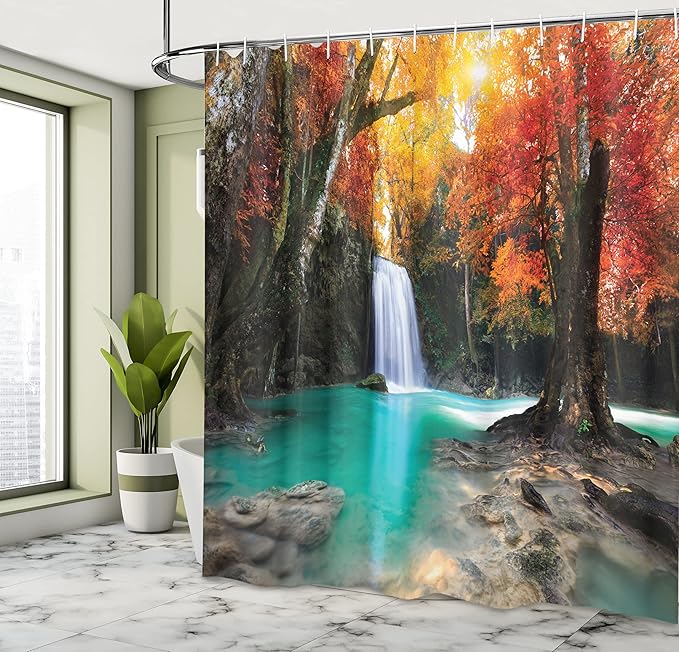 Ambesonne Waterfall Shower Curtain, Deep Forest and Waterfall Runoff Autumn Fall Seasonal Forest Print, Cloth Fabric Bathroom Decor Set with Hooks, 69" W x 70" L, Turquoise Orange