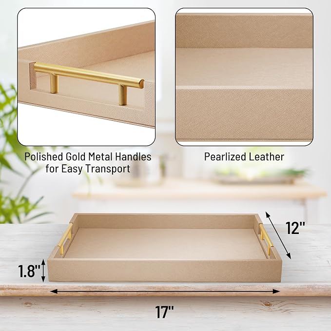 ATZYmolin 17"x12" Leather Serving Tray, Gold Handle Vanity Platter, Khaki | Rectangle Ottoman Decor Tray, Polished Metal Handles, Coffee Table Bathroom Home Decorative Wood Tray