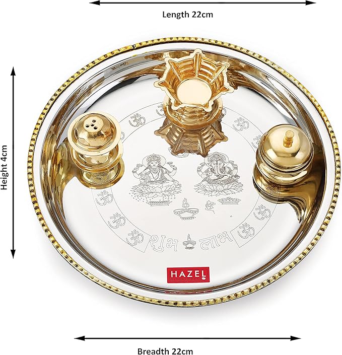 HAZEL Stainless Steel Puja Pooja Aarti Thali Set, 22 cm with 1 Pc Diva, Agarbatti Incense Holder and Kumkum Wati, Silver