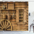 Ambesonne Western Shower Curtain, Old Wagon Wheel Next to Rustic Wooden House Vintage Window Buckets Cottage Print, Cloth Fabric Bathroom Decor Set with Hooks, 69" W x 84" L, Brown