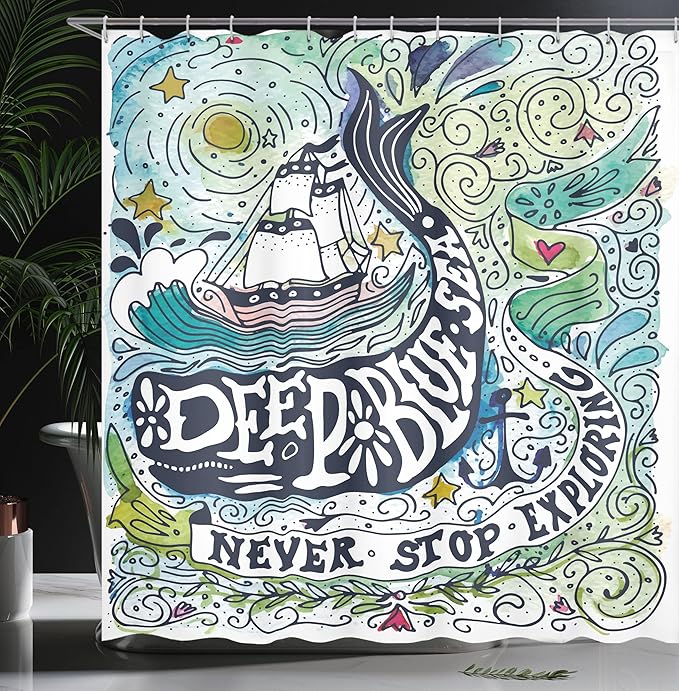 Ambesonne Whale Shower Curtain, Mammal on Wavy Ocean Design Swimming to an Island Palm Trees Print, Cloth Fabric Bathroom Decor Set with Hooks, 69" W x 75" L, Blue Pink and Green