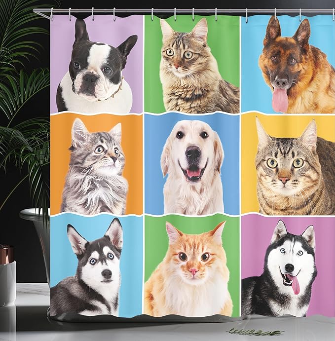 Ambesonne Animal Shower Curtain, Various Dog and Cat Portraits Puppies Kittens Pet Company Funny Humor Design, Cloth Fabric Bathroom Decor Set with Hooks, 69" W x 84" L, Green Blue