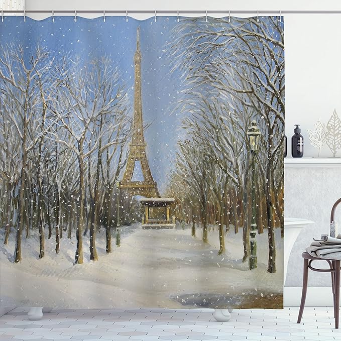 Ambesonne Country Shower Curtain, Winter Scene of Historical Eiffel Tower in Paris Snowy City Europe Urban View, Cloth Fabric Bathroom Decor Set with Hooks, 69" W x 70" L, White Blue Grey