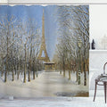 Ambesonne Country Shower Curtain, Winter Scene of Historical Eiffel Tower in Paris Snowy City Europe Urban View, Cloth Fabric Bathroom Decor Set with Hooks, 69" W x 70" L, White Blue Grey