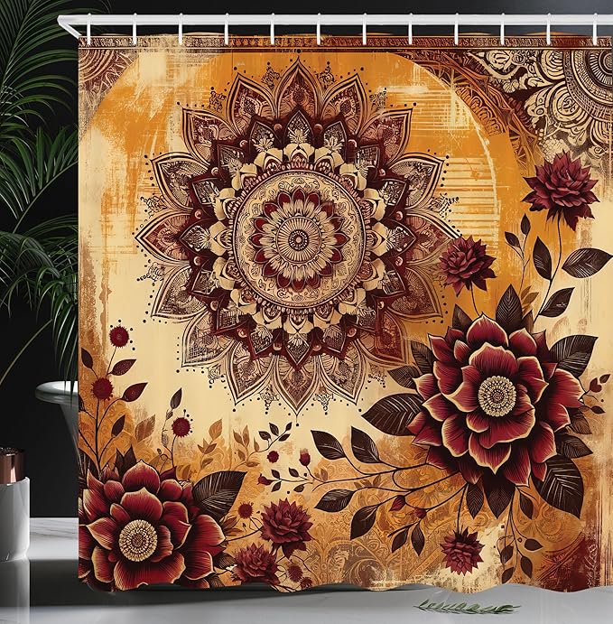 Ambesonne Boho Floral Shower Curtain, Vintage Exotic Bohemian Vibe Monochrome Mandala and Flowers Print, Cloth Fabric Bathroom Decor Set with Hooks, 69" W x 75" L, Pale Cinnamon Mustard