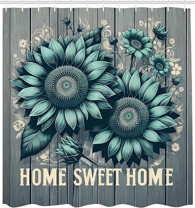 Ambesonne Teal Shower Curtain, Aquamarine Tone Sunflowers and Home Concept Phrase Modern Rustic Farmhouse, Cloth Fabric Bathroom Decor Set with Hooks, 69" W x 84" L, Seafoam Dark Sea Green