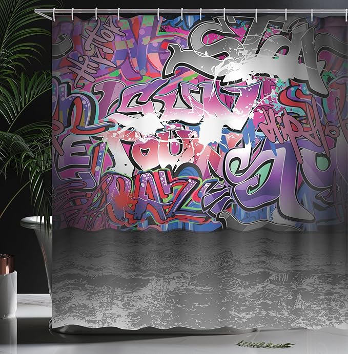 Ambesonne Graffiti Shower Curtain, Urban Life Grunge Street Art Wall Backdrop with Hip Hop Funk Design, Cloth Fabric Bathroom Decor Set with Hooks, 69" W x 70" L, Grey Purple
