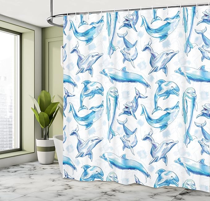 Ambesonne Sea Animals Shower Curtain, Sketch of Bottlenose Dolphins Playing Laughing in The Ocean Sea Life Print, Cloth Fabric Bathroom Decor Set with Hooks, 69" W x 70" L, Turquoise White