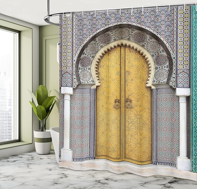 Ambesonne Orient Shower Curtain, Yellow Door of Royal Palace in FES Morocco Vintage Moroccan Artwork Mosaic Style, Cloth Fabric Bathroom Decor Set with Hooks, 69" W x 70" L, Navy Ivory
