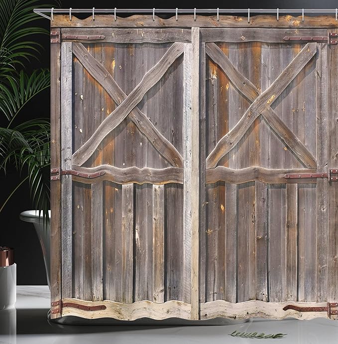 Ambesonne Rustic Shower Curtain, Old Wooden Barn Door of Farmhouse Oak Countryside Village Board Rural Life Photo Print, Cloth Fabric Bathroom Decor Set with Hooks, 75 Long, Brown