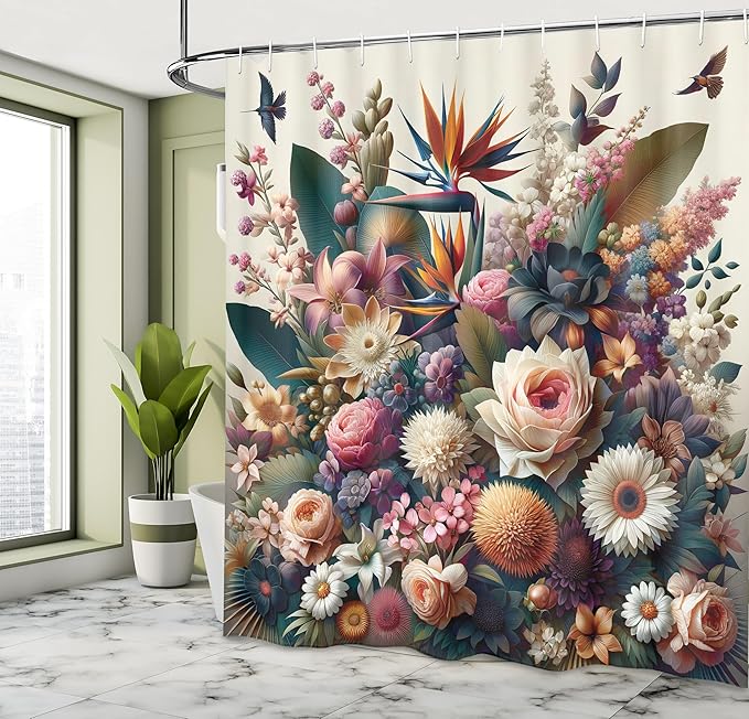 Ambesonne Modern Shower Curtain, Color Jumble Dreamy Peony Sunflower Floral Huddle with Leaves Greenery Fantasy Boho, Cloth Fabric Bathroom Decor Set with Hooks, 69" W x 75" L, Multicolor