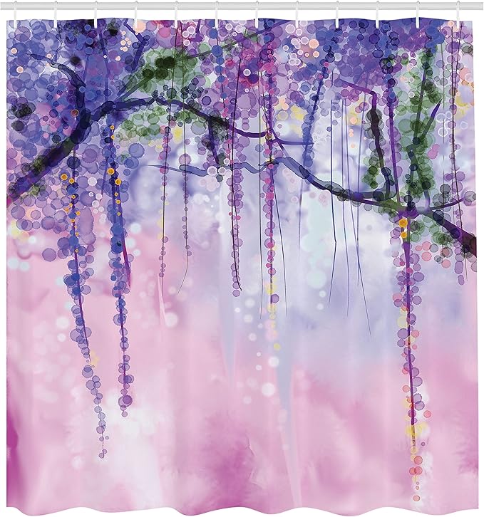 Ambesonne Watercolor Flower Shower Curtain, Wisteria Flowers on Blurred Background with Dreamy Colors, Cloth Fabric Bathroom Decor Set with Hooks, 69" W x 70" L, Pink Purple