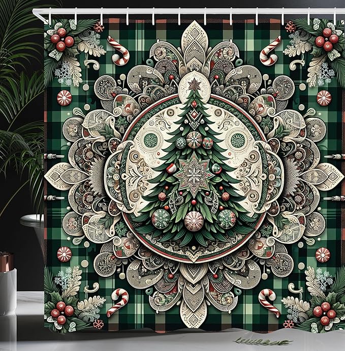 Ambesonne Christmas Shower Curtain, Candies Plaided Background Mandala Ornate and Xmas Tree Illustration, Cloth Fabric Bathroom Decor Set with Hooks, 69" W x 84" L, Hunter Green Grey Coral