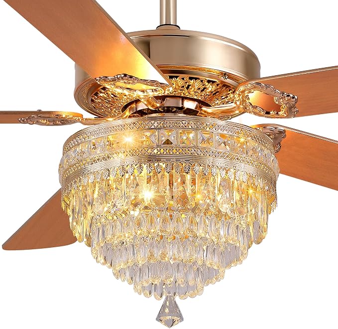 GJeg Crystal Ceiling Fan Fandelier with Lights - Retro Outdoor Fans with Remote Control, Farmhouse Ceiling Fan with Noiseless DC Reversible Motor,Dining Room,Living Room(62" Gold)