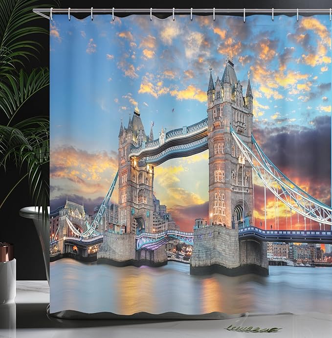 Ambesonne London Shower Curtain, Vista of Tower Bridge at Dramatic Sunset Thames River with Grey Clouds, Cloth Fabric Bathroom Decor Set with Hooks, 69" W x 75" L, Yellow Blue