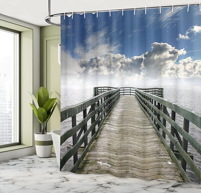 Ambesonne Seascape Shower Curtain, Seaside Banister Clouds Beige Foggy Morning and Ocean Seascape View Image, Cloth Fabric Bathroom Decor Set with Hooks, 69" W x 75" L, Gray White