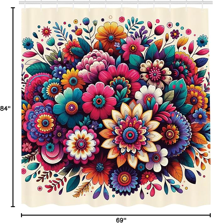 Ambesonne Boho Floral Shower Curtain, Abstract Whimsical Trippy Colorful Flowers Arrange on Beige Back, Cloth Fabric Bathroom Decor Set with Hooks, 69" W x 84" L, Hot Pink Teal Multicolor